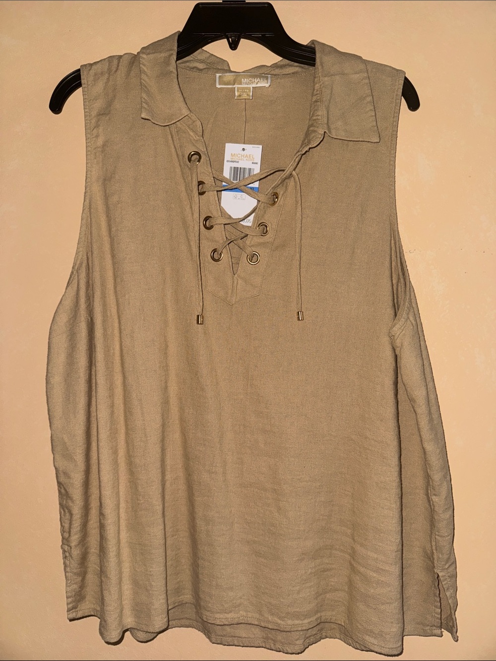 Michael Kors Beige Lace-Up Collared Sleeveless Tank
